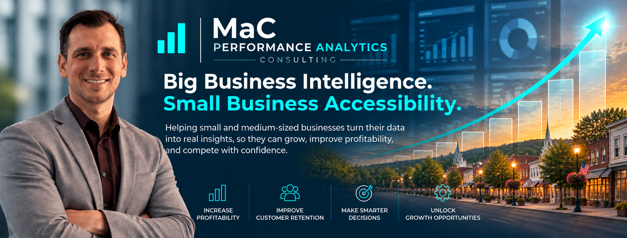 MaC Performance Analytics: Big Business Intelligence. Small Business Accessibility. Mike Chapin alongside business analytics dashboards, a growing performance chart, and a small New England town.